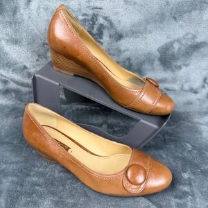 Ecco Women's Brown Leather Wedge Heel Dress Shoes Rounded Button Size 38 NWOB